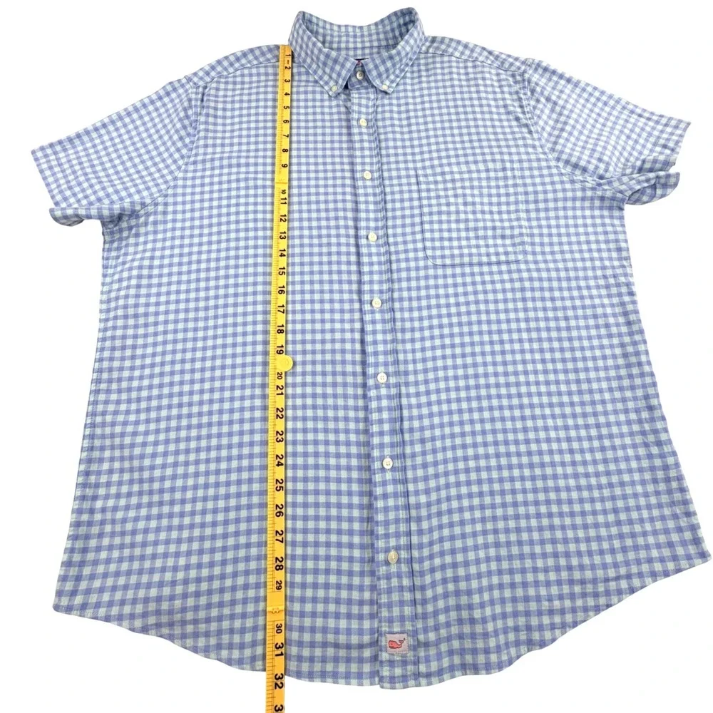 Vineyard Vines Classic Shirt Men XB Blue‎ Mint Gingham Linen Blend Short Sleeve